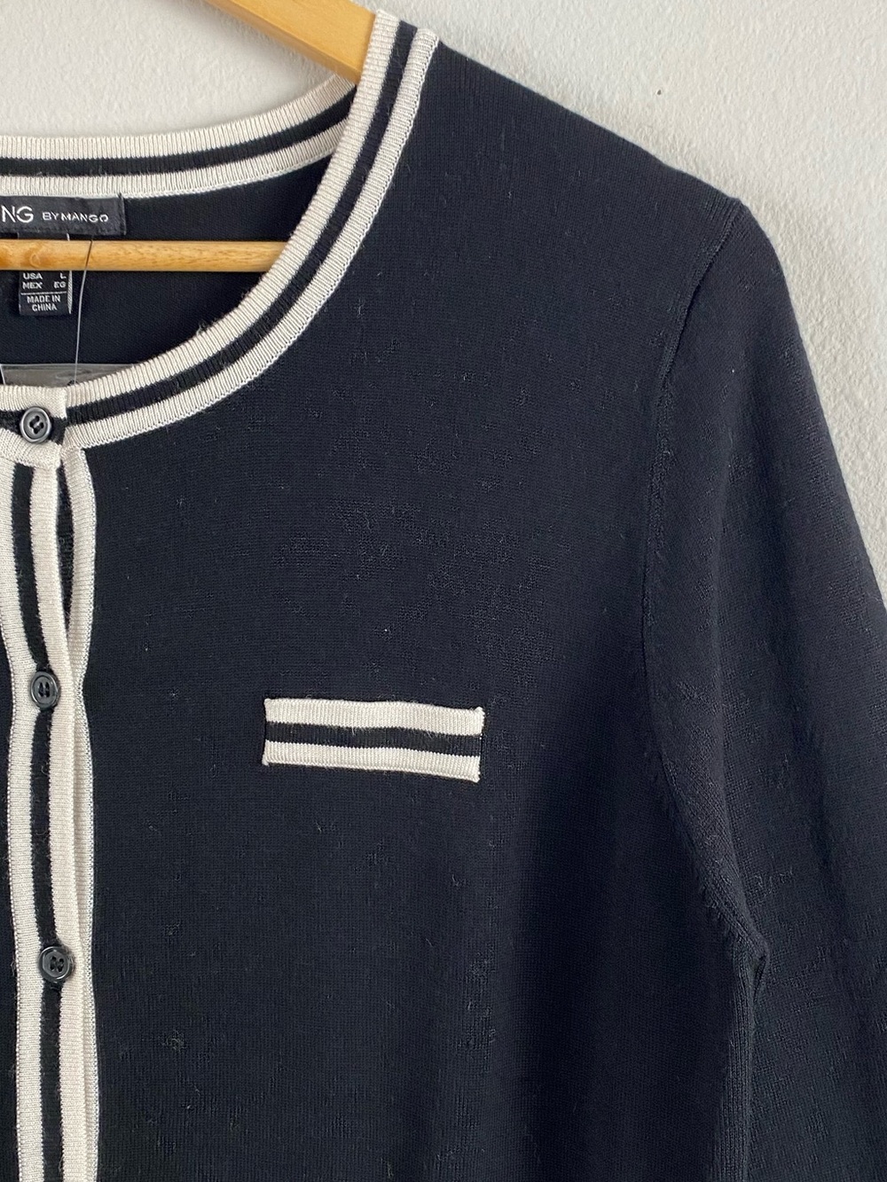 Mango MNG Contrast Tipped Long Sleeve Parker Cardigan Sweater | Black/Ivory - Picture 10 of 16